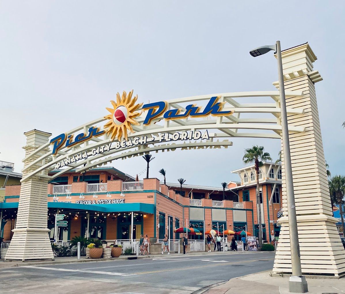 Pier Park entrance sign in Panama City Beach Florida with shopping and restaurants
