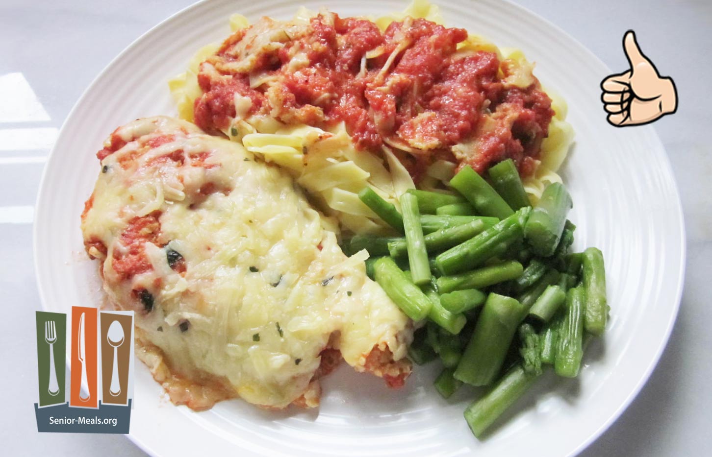 Chicken Parmesan with Fresh Pasta and Sauce and Asparagus Cuts - $14