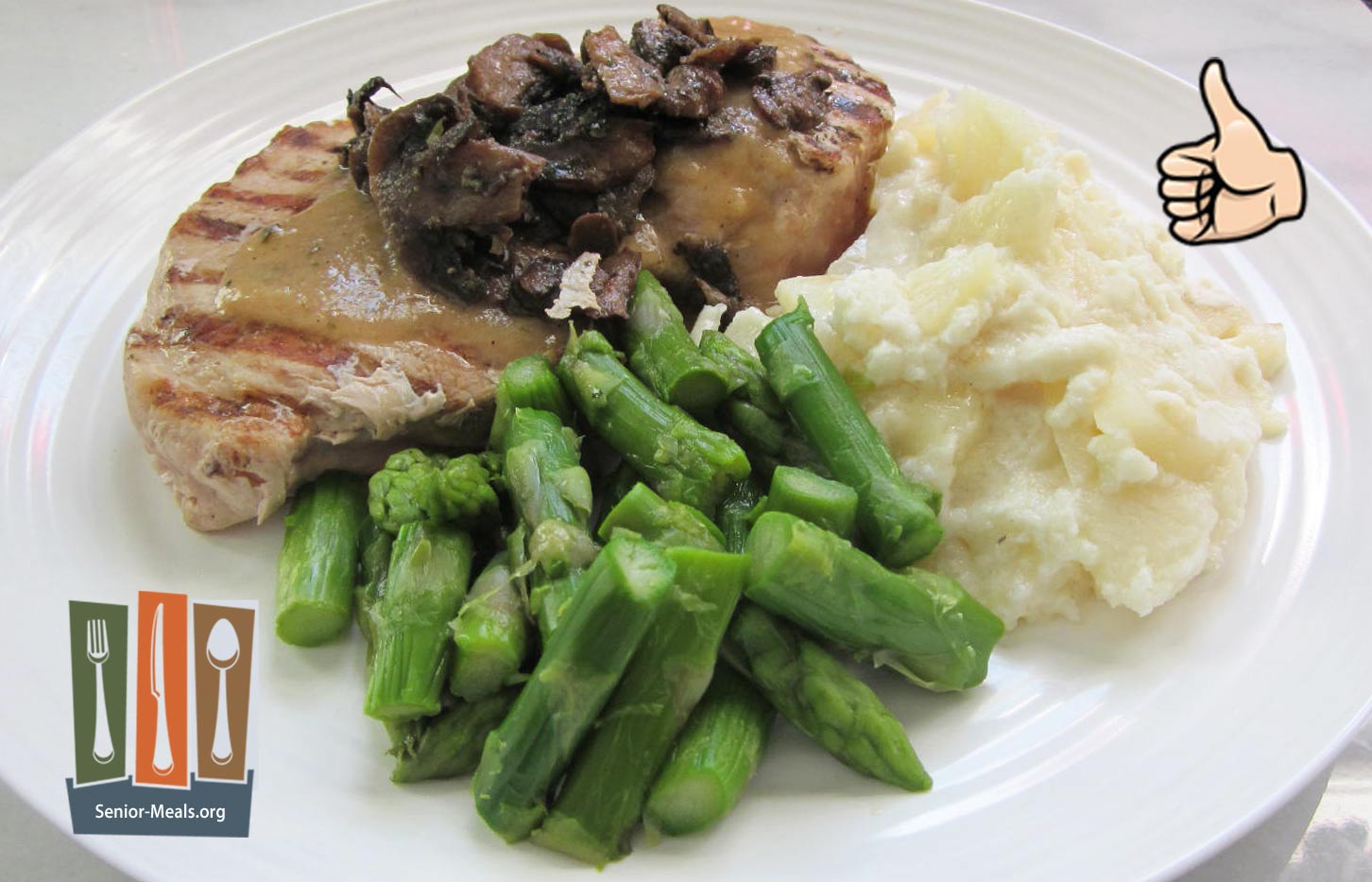 Grilled Pork Chops with Sauteed Mushrooms, Mashed Potatoes and Asparagus Cuts - $12
