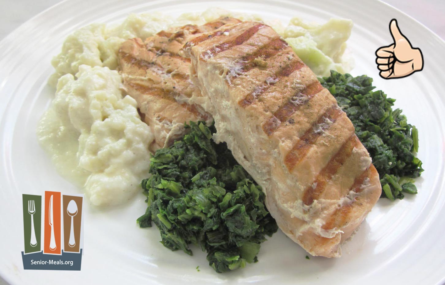 Grilled Salmon with Cauliflower Au Gratin and Sous-Vide Spinach - $13