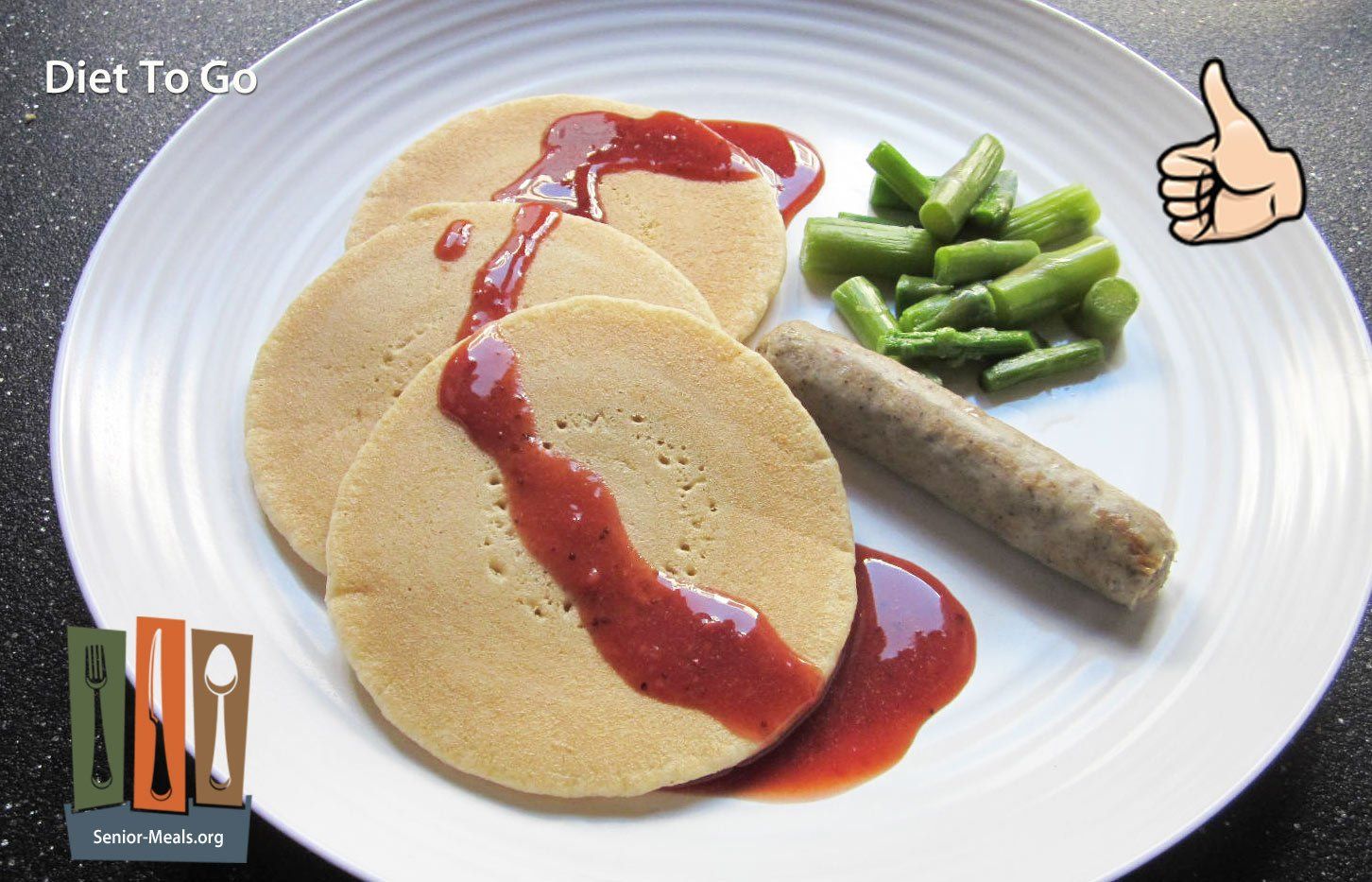 Whole Grain Pancakes with Strawberry Maple Syrup, Turkey Sausage, and Asparagus