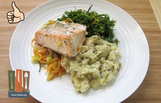 Poached Salmon with Garlic Mashed Potatoes and Chinese Five-Spiced Broccoli