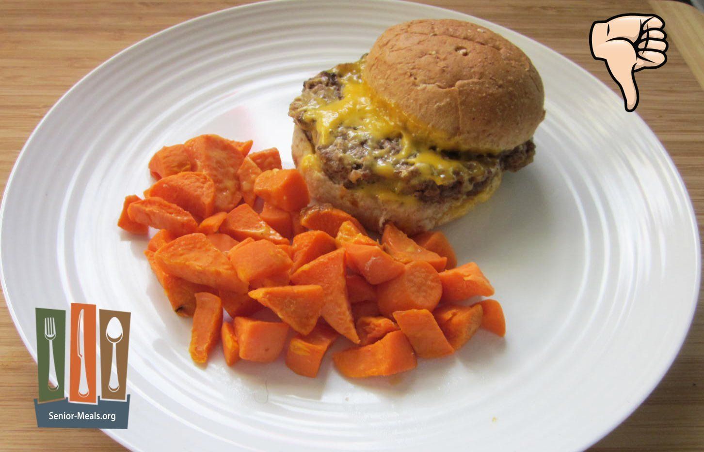 Homestyle Cheeseburger  - This is not Good at all. The Bun reheated Crispy-Hard, The Processed Burger Seemed Cheap to us, and there were no Green Vegetables to make this a Complete Meal.