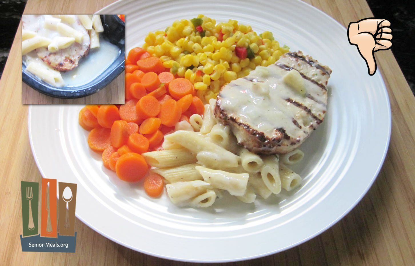 Water Damaged Chicken Patty and Penne Pasta Alfredo with Carrots and Fiesta Corn - $11.50