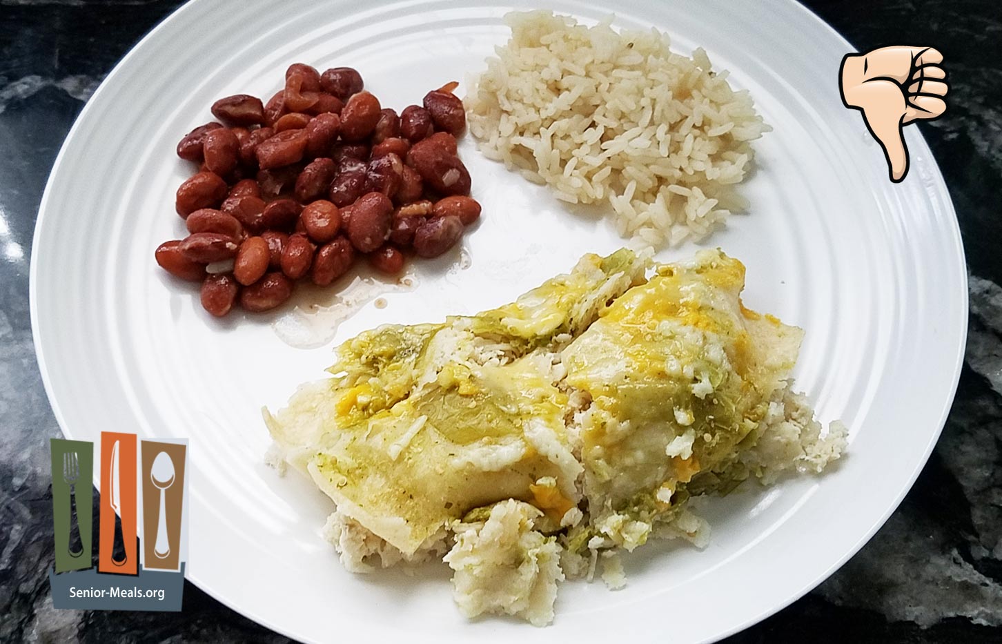 MK Signature Meal - Chicken Cheese Enchilada with Tomatillo Sauce, Rice and Pinto Beans - $12.50