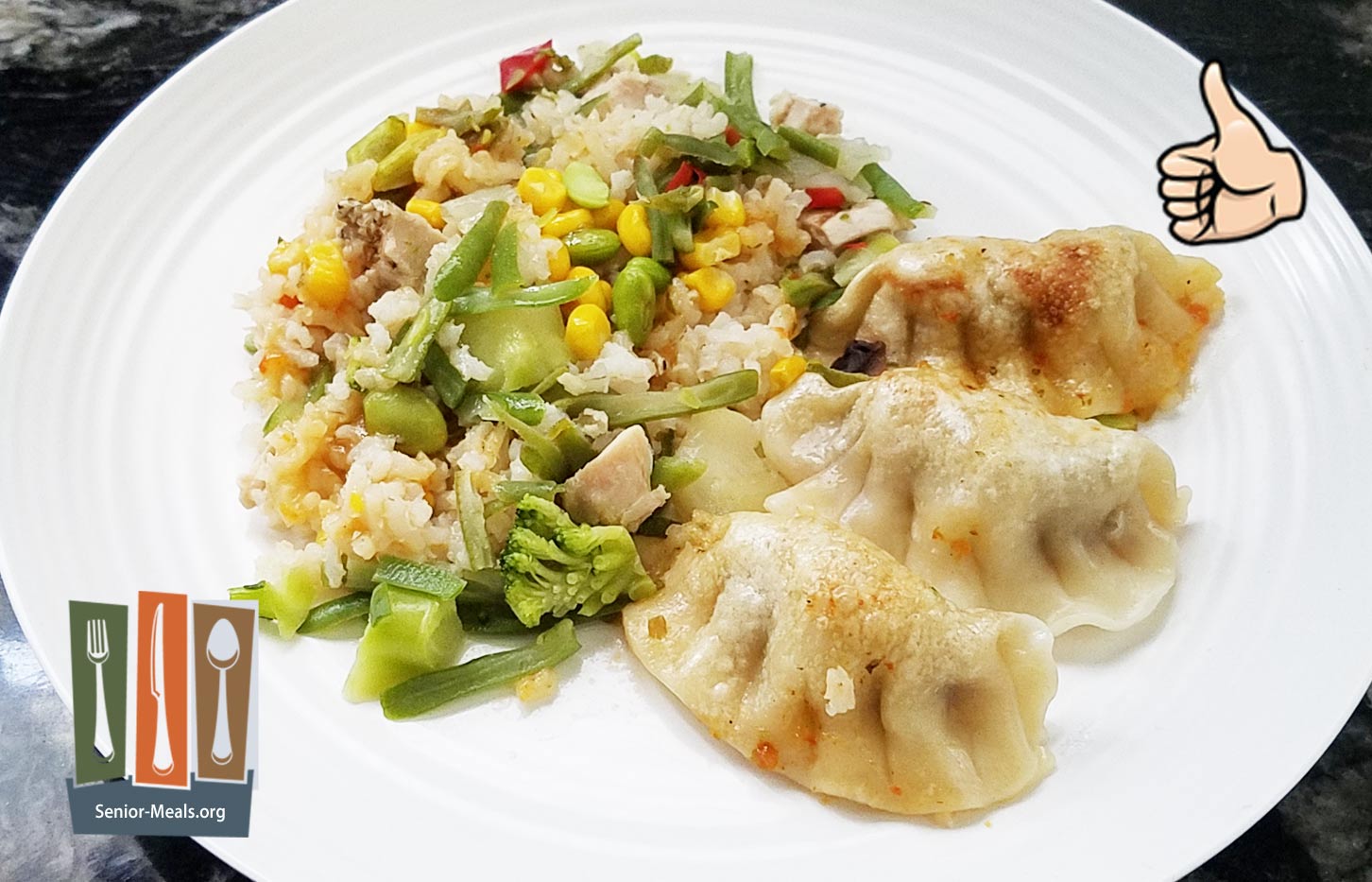 MK Signature Meal - Pork Pot stickers with Stir-Fry Vegetables and Chicken Fried Brown Rice - $13