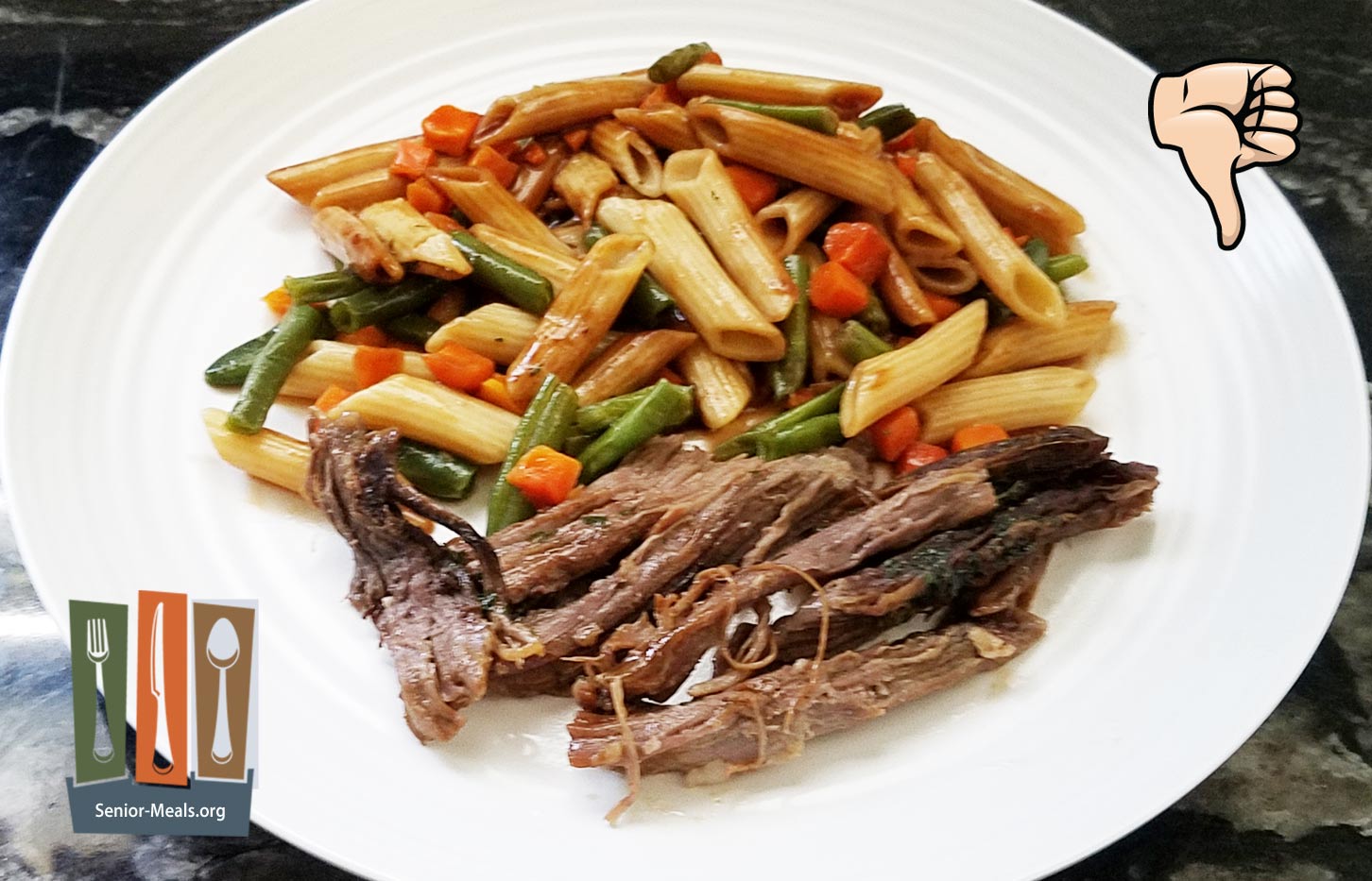 Beef Pot Roast with Red Wine Sauce over Noodles with Carrots & Green Beans  - $13