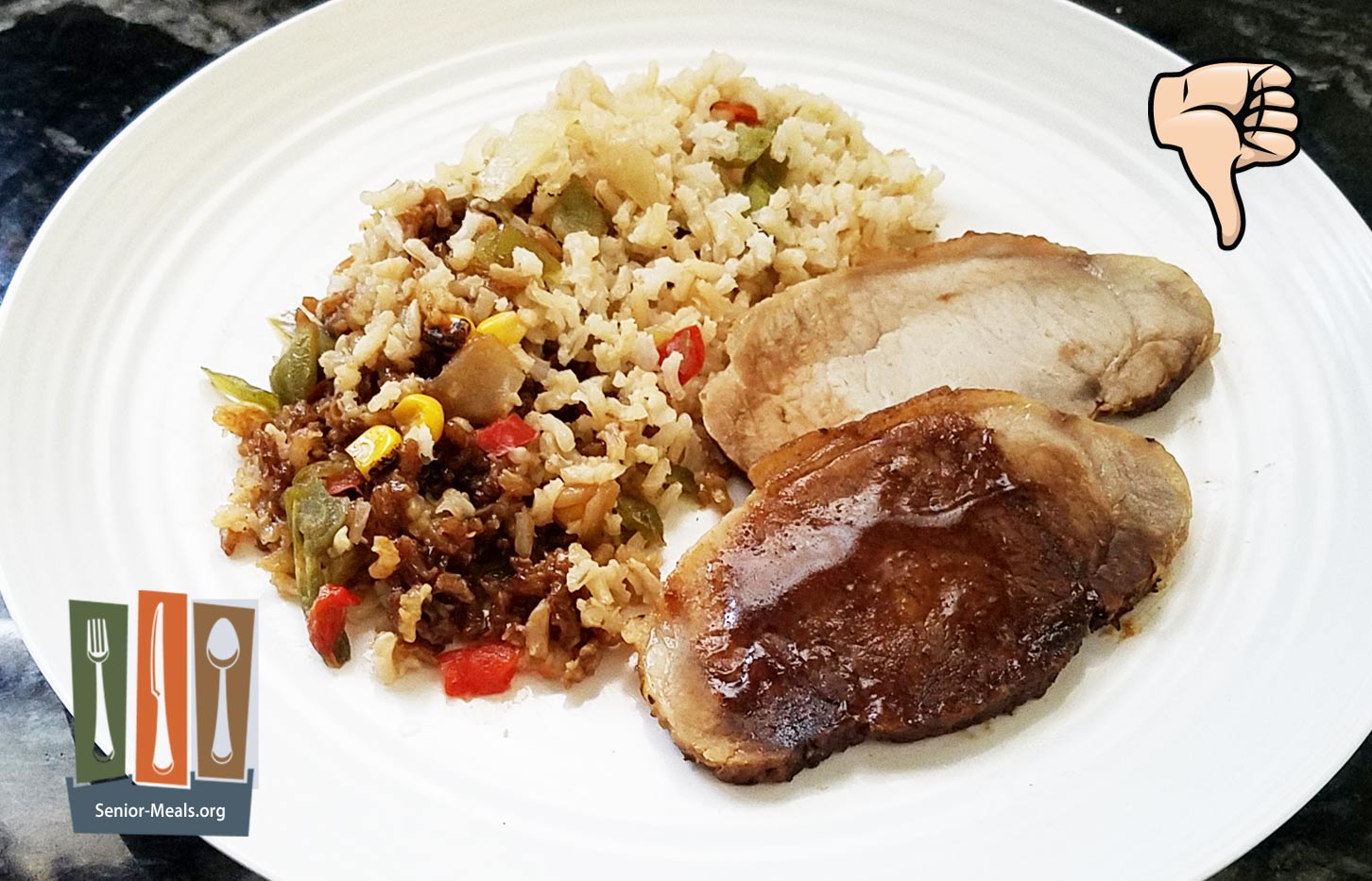 Roasted Pork with Hickory Barbecue Sauce over Southwestern Style Rice and Mixed Vegetables  - $12