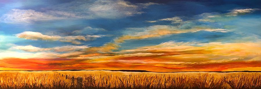 A painting of a field of wheat with a sunset in the background.