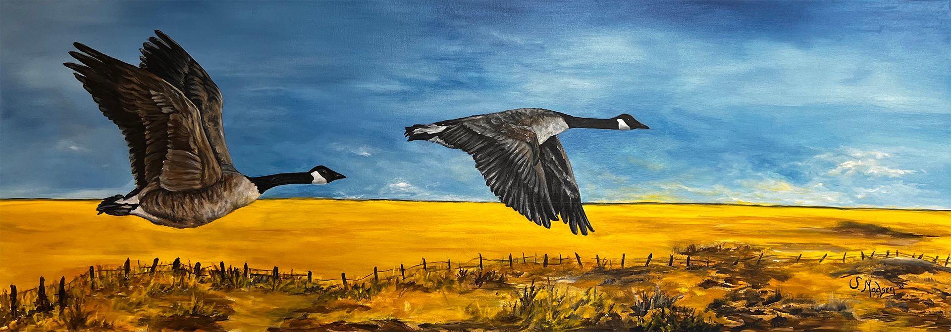 A painting of two geese flying over a field.