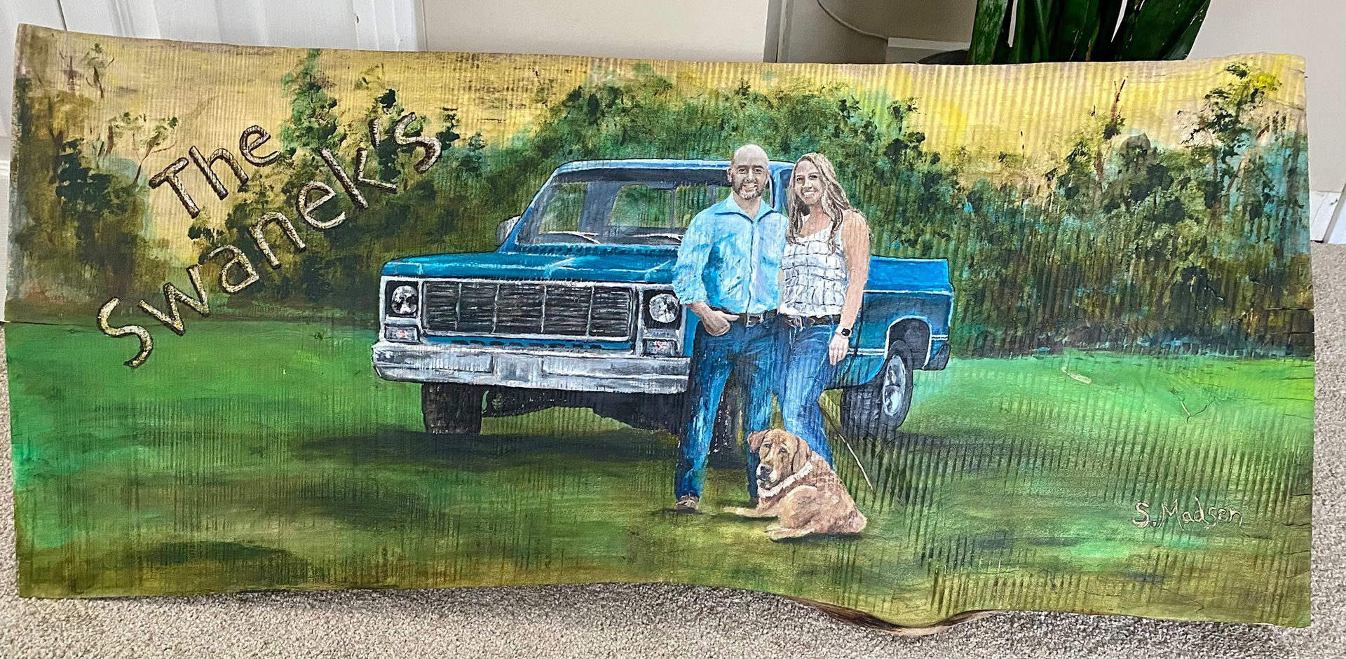 A painting of a man and woman standing next to a truck with a dog.