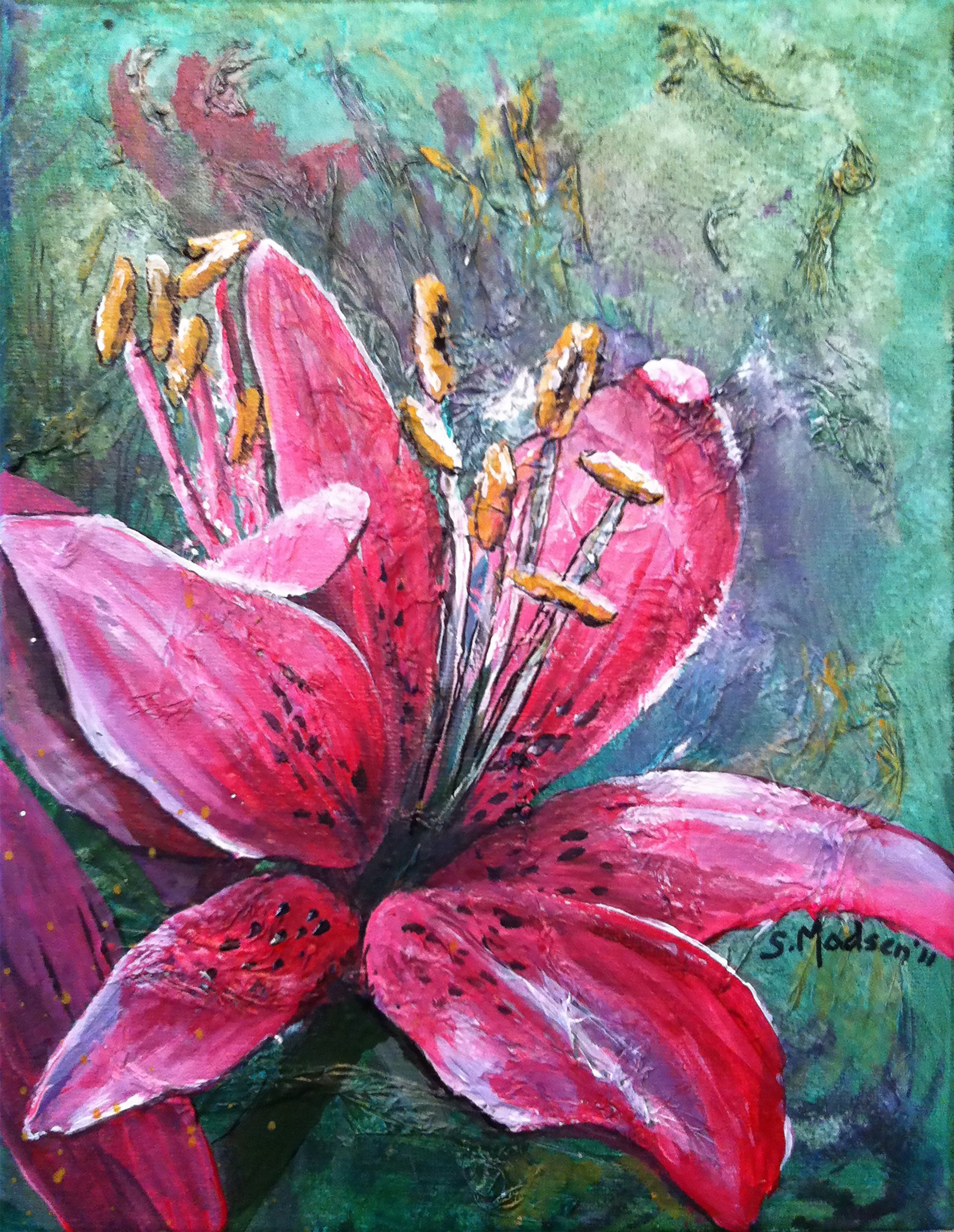 A close up of a painting of a pink flower on a green background.