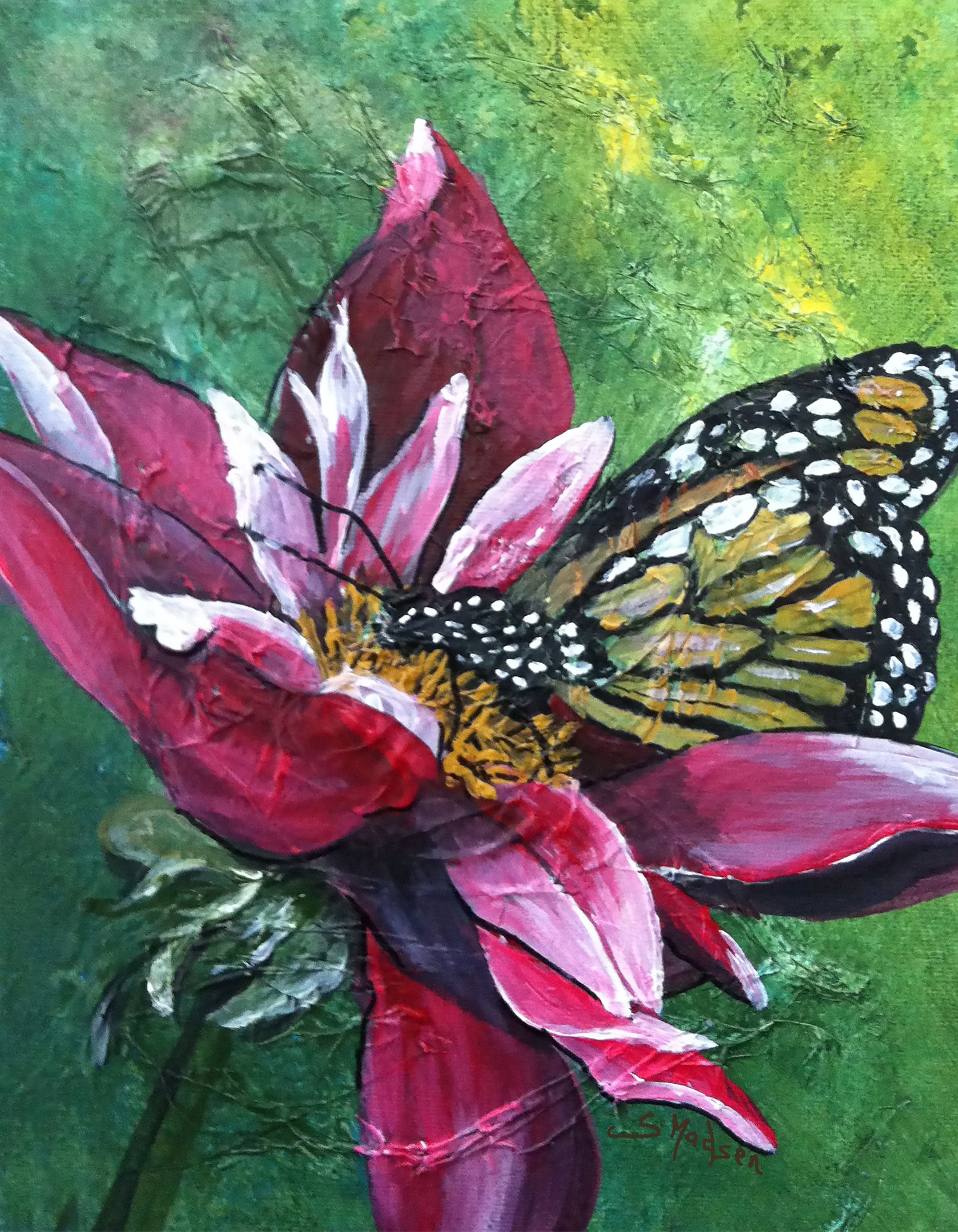 A painting of a butterfly on a pink flower