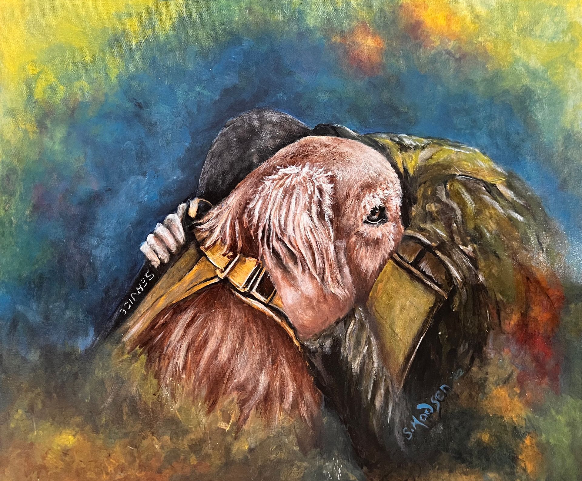 A close up of a painting of a dog wearing a helmet.