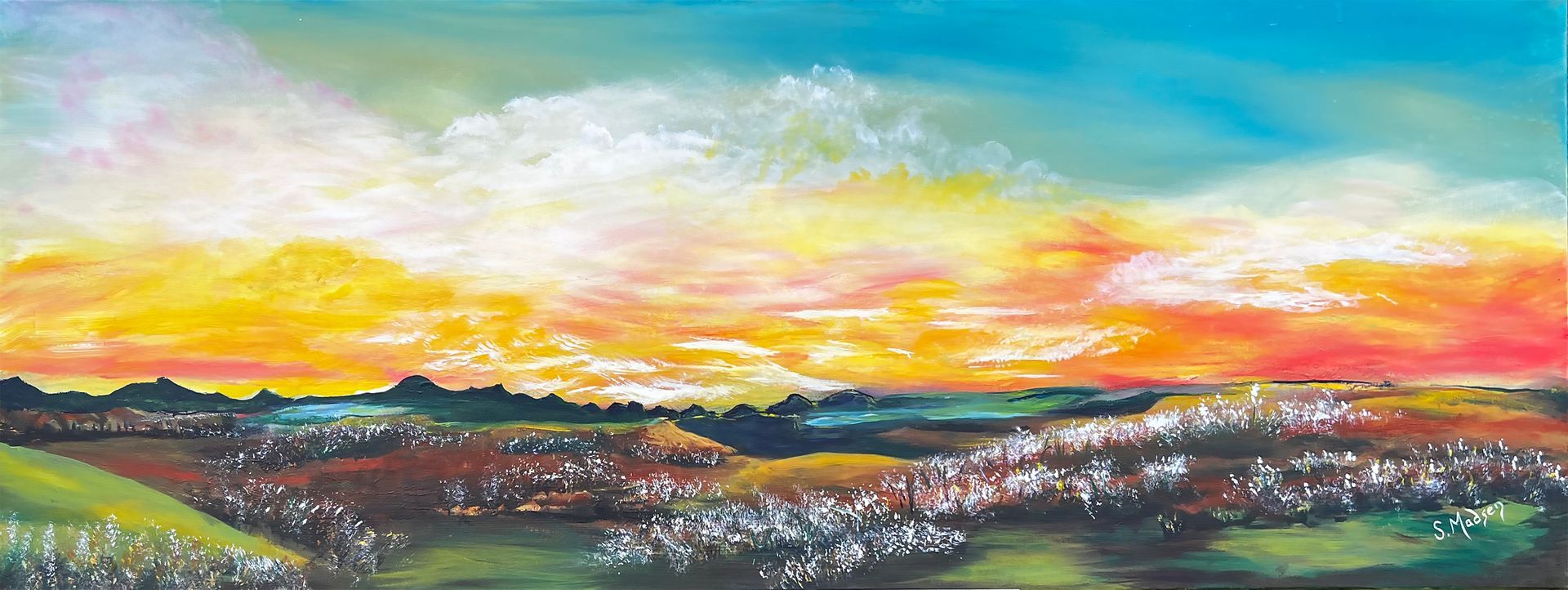 A painting of a sunset over a field of flowers.