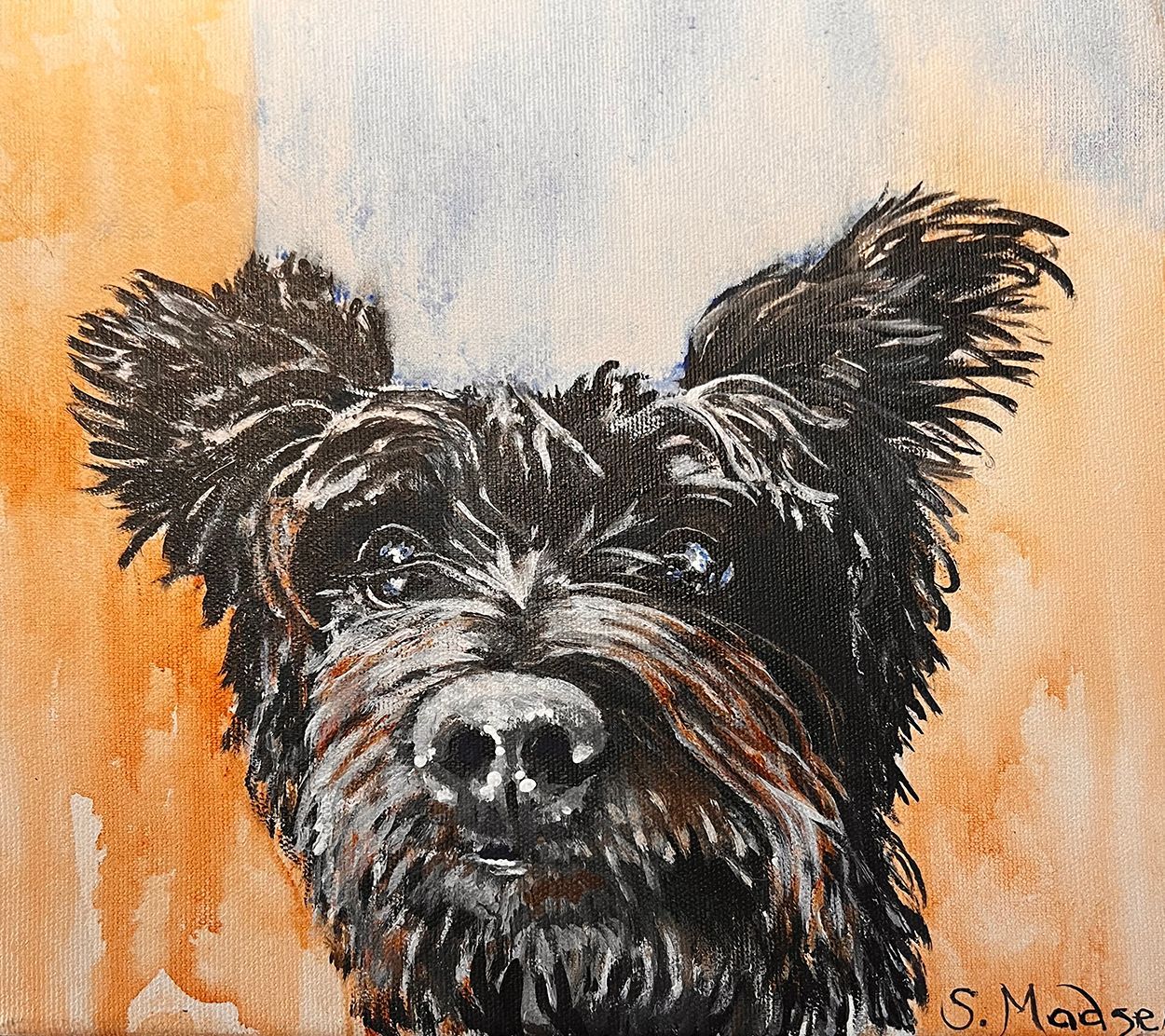 A watercolor painting of a small black dog with a beard