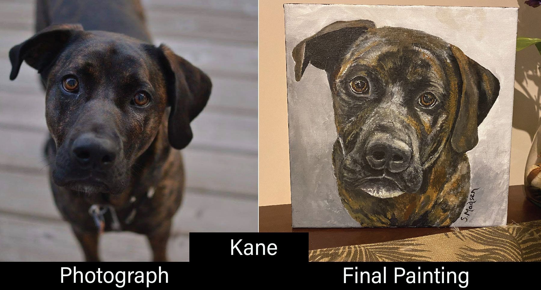 A picture of a dog next to a painting of the same dog