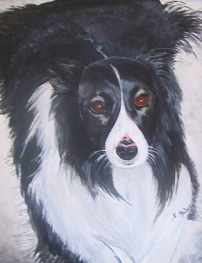 A painting of a black and white dog with red eyes