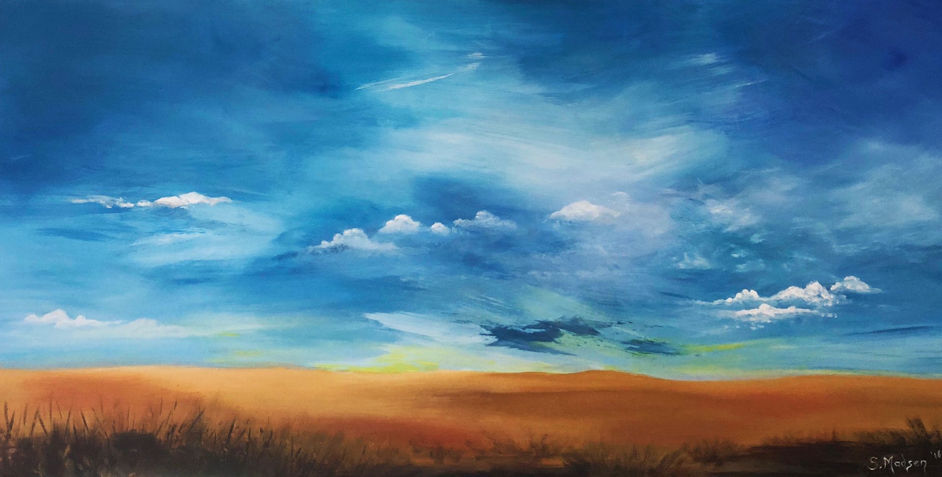 A painting of a field with a blue sky and clouds in the background.