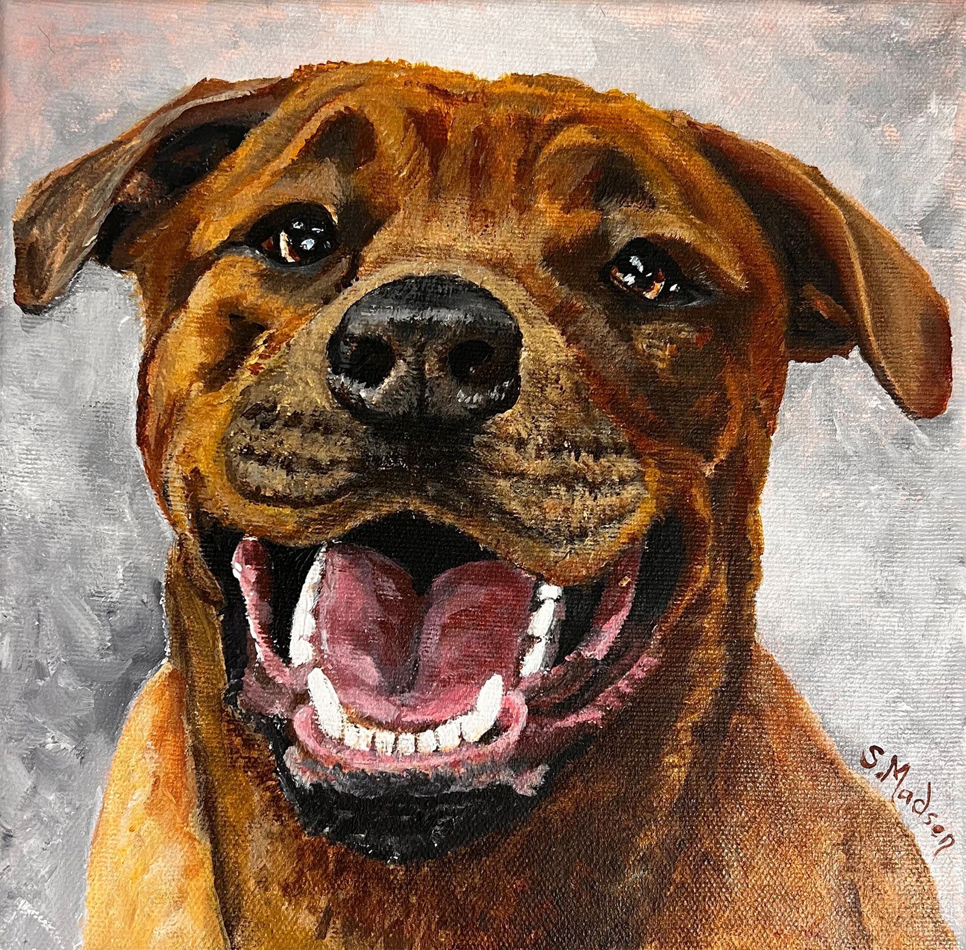 A painting of a brown dog with its mouth open
