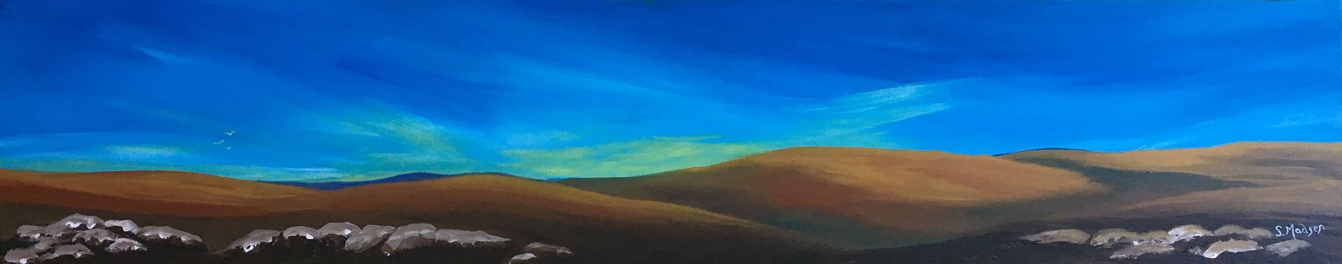 A painting of a landscape with a blue sky and mountains in the background.