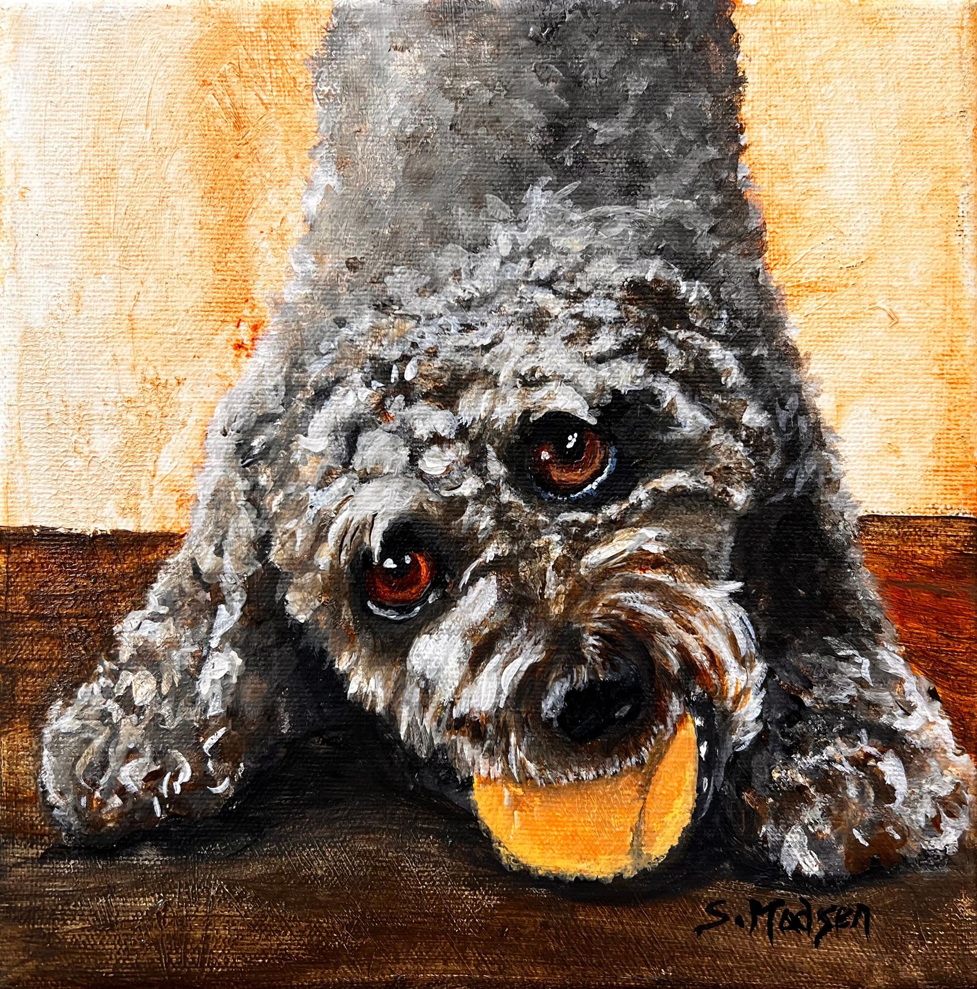 A painting of a poodle chewing on a tennis ball