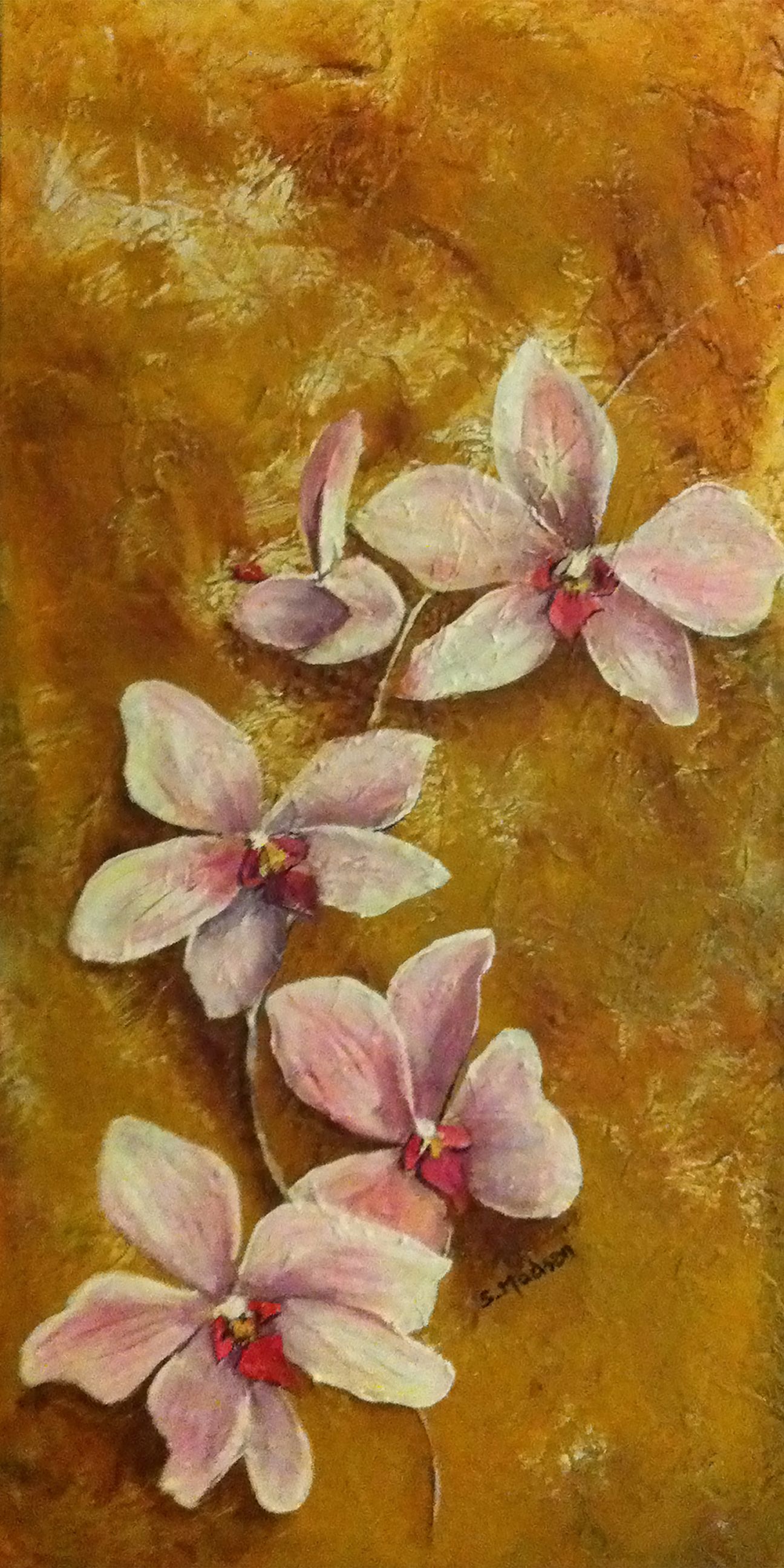 A painting of three pink flowers on a brown background.