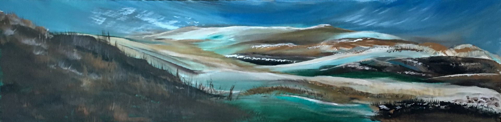 A painting of a mountain range with a river running through it.