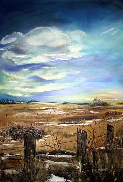 A painting of a field with a fence and clouds in the sky.