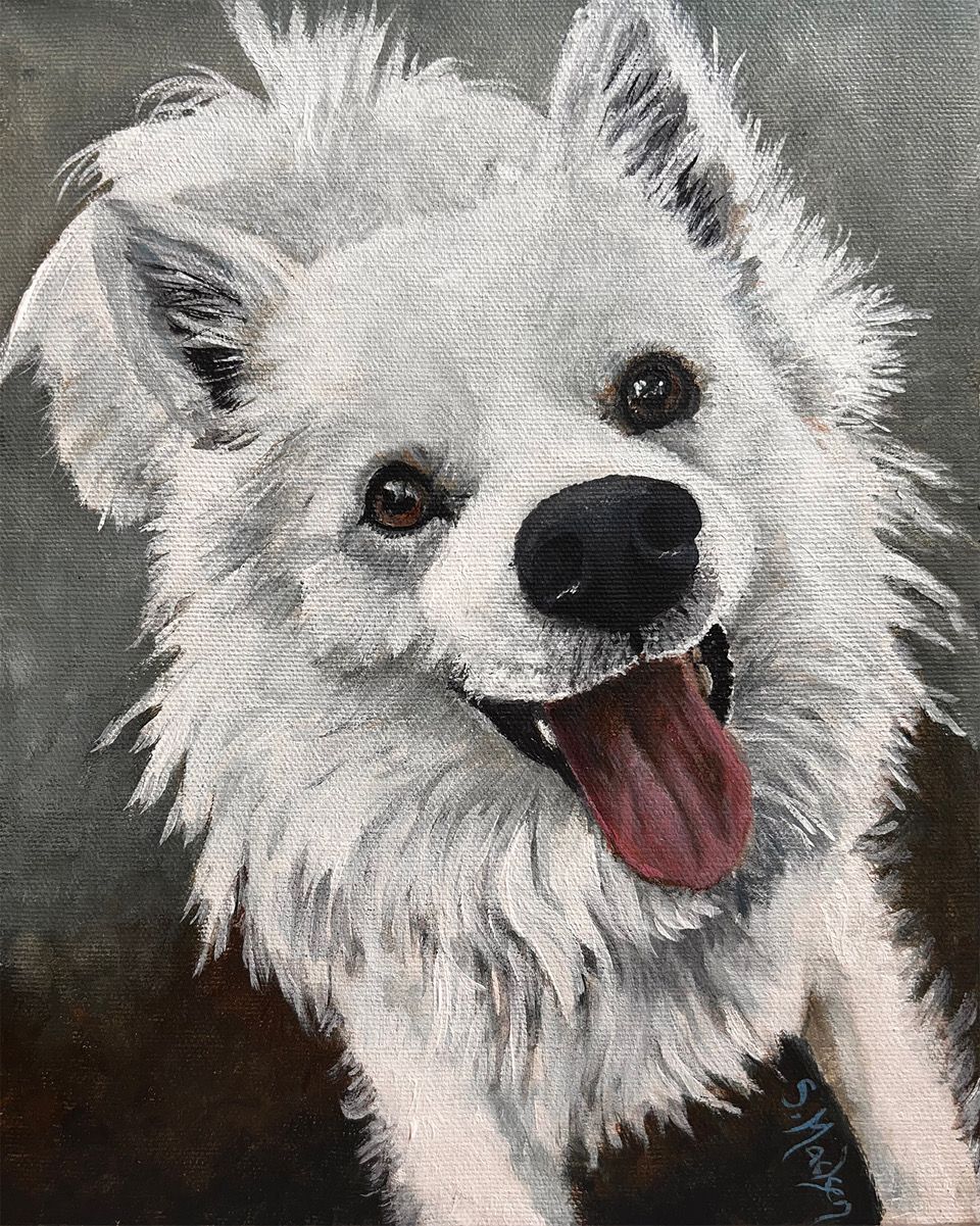 A painting of a white dog with its tongue out.