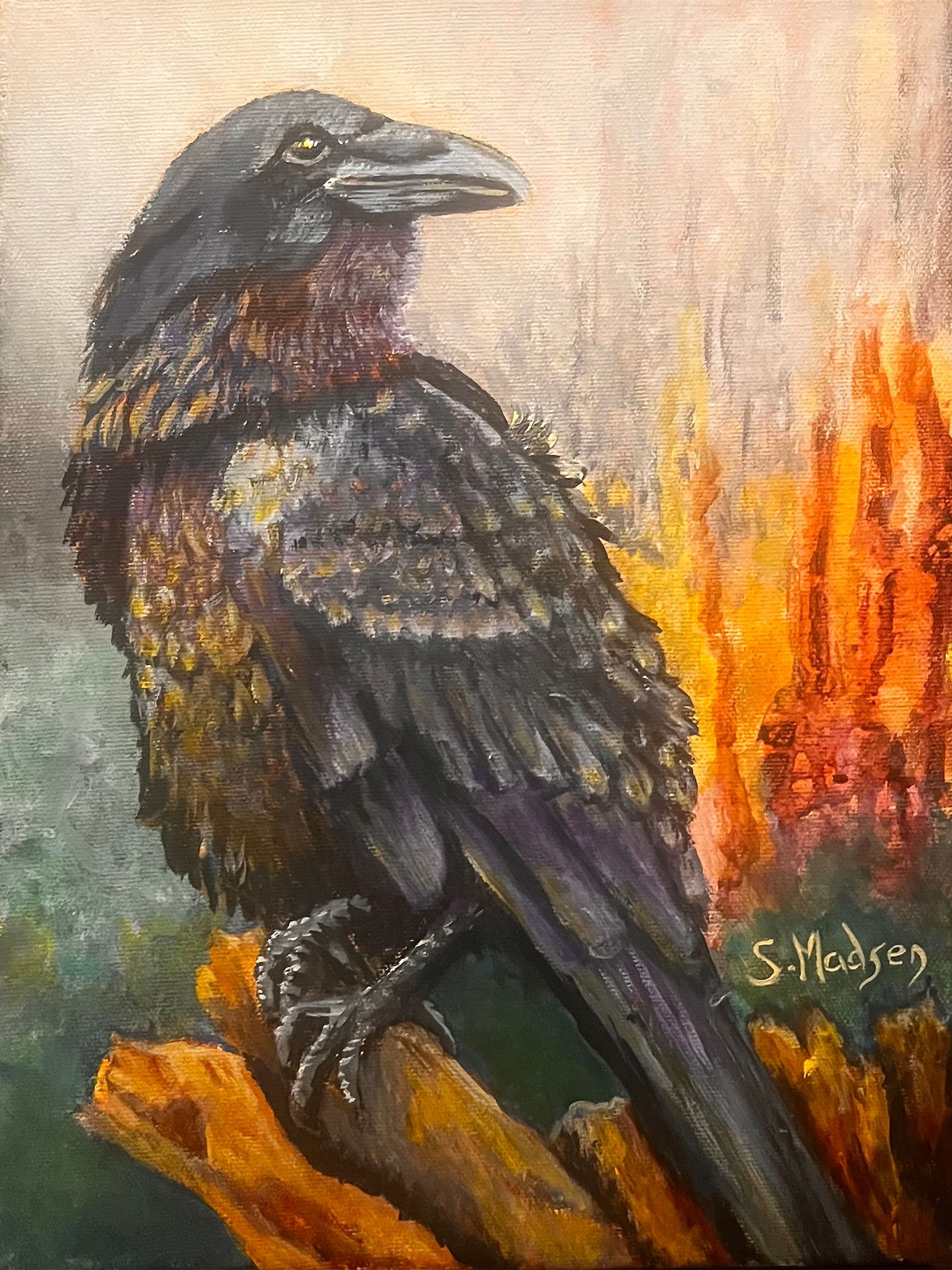 A painting of a black bird sitting on a tree branch.