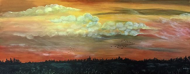 A painting of a sunset over a forest with birds flying in the sky.