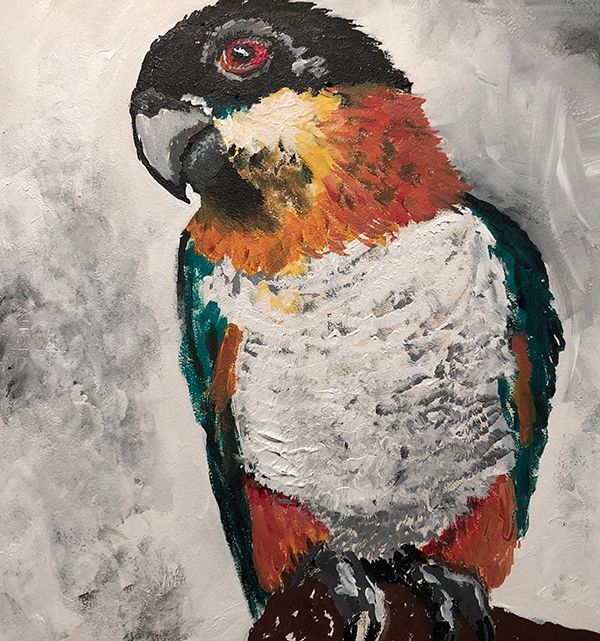 A painting of a colorful parrot sitting on a branch.