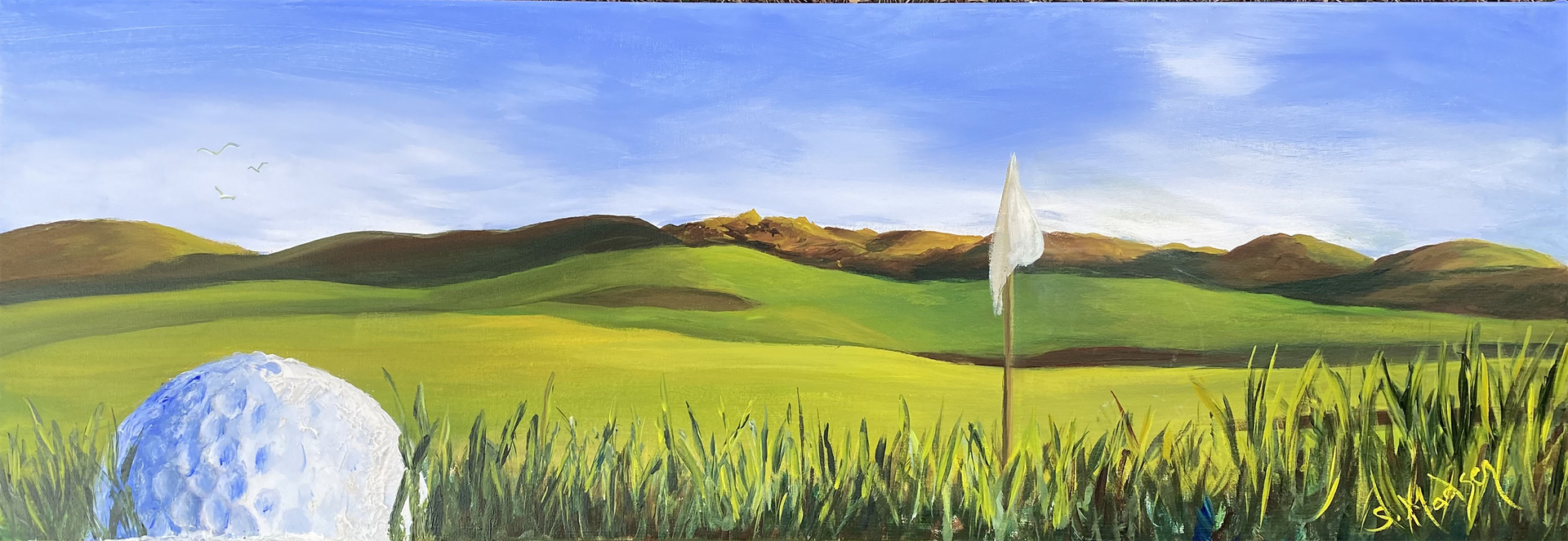 A painting of a golf course with a golf ball and a flag.