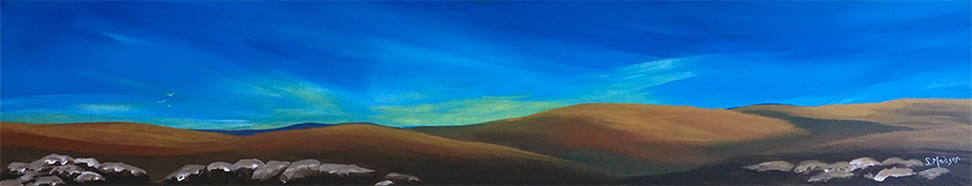 A painting of a desert landscape with a blue sky and mountains in the background.
