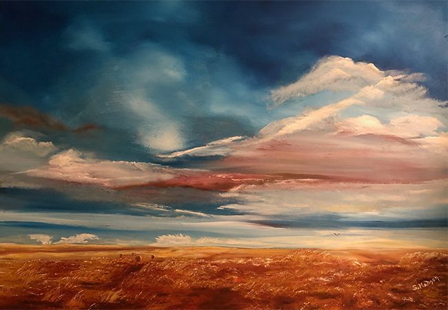 A painting of a field with a cloudy sky in the background.