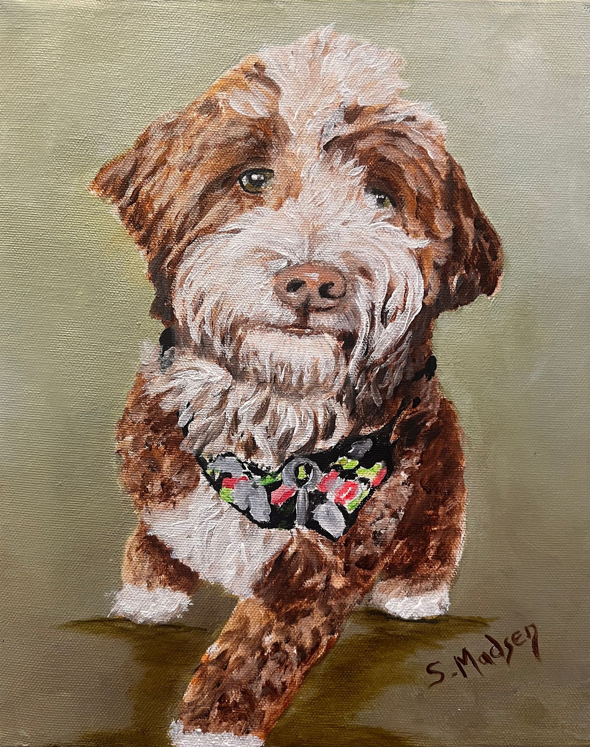 A painting of a brown and white dog wearing a floral collar.