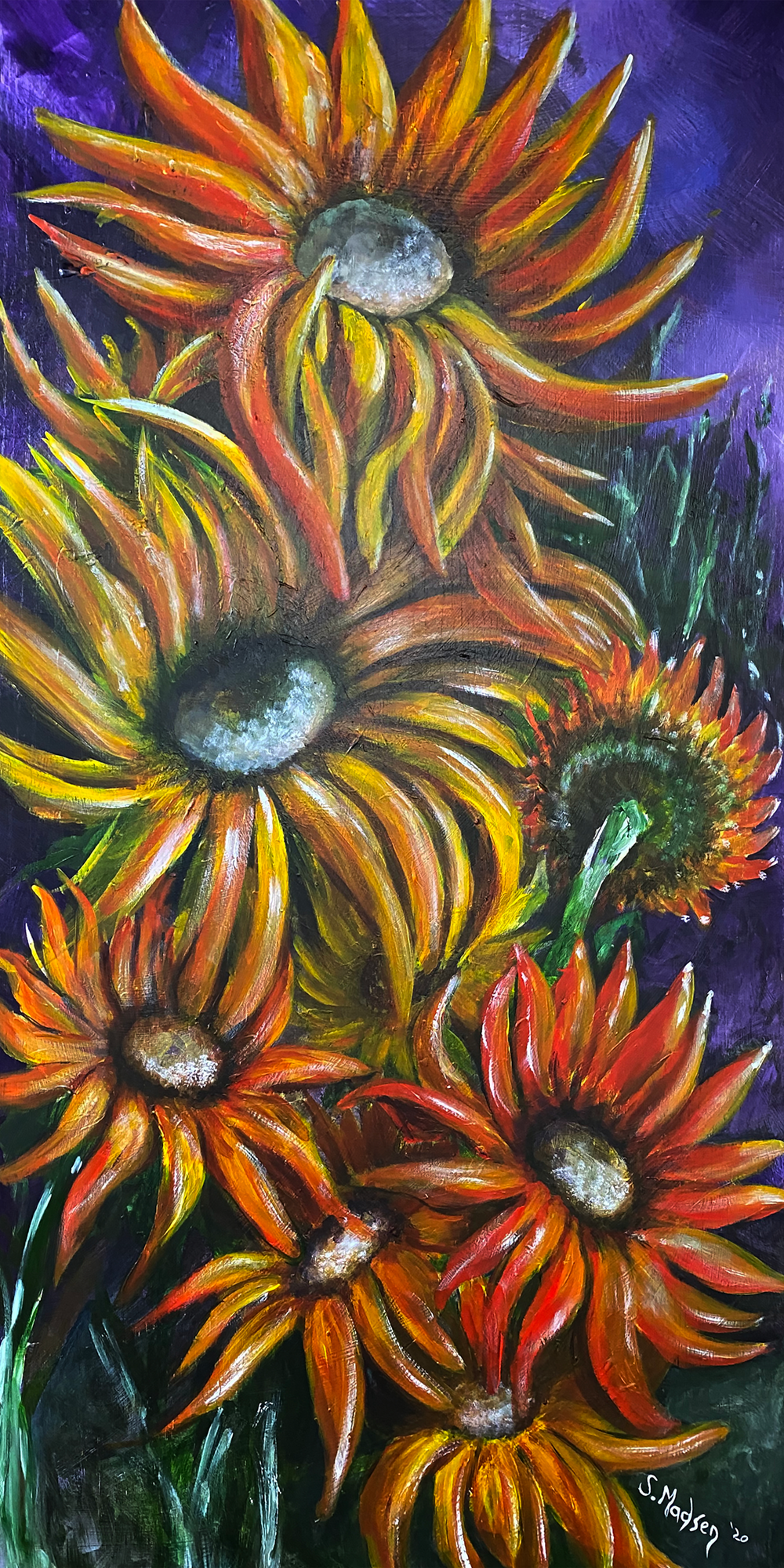 A painting of a bunch of sunflowers on a purple background.