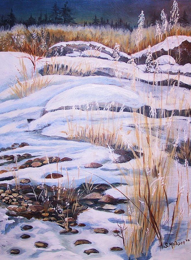 A painting of a snowy river with trees in the background