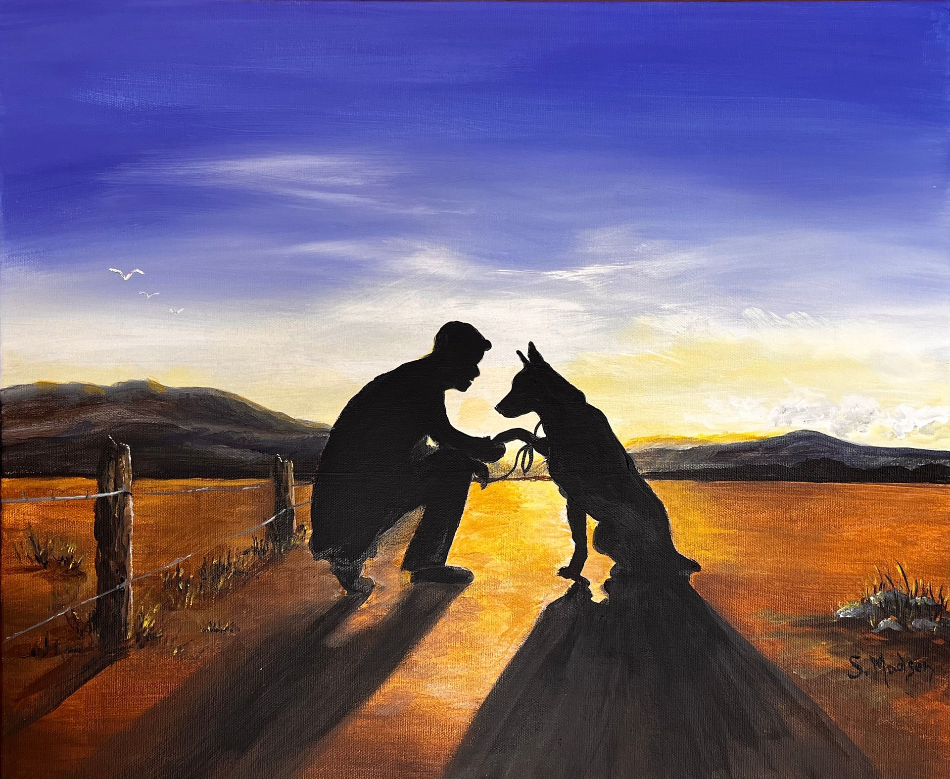 A painting of a man kneeling down next to a dog.
