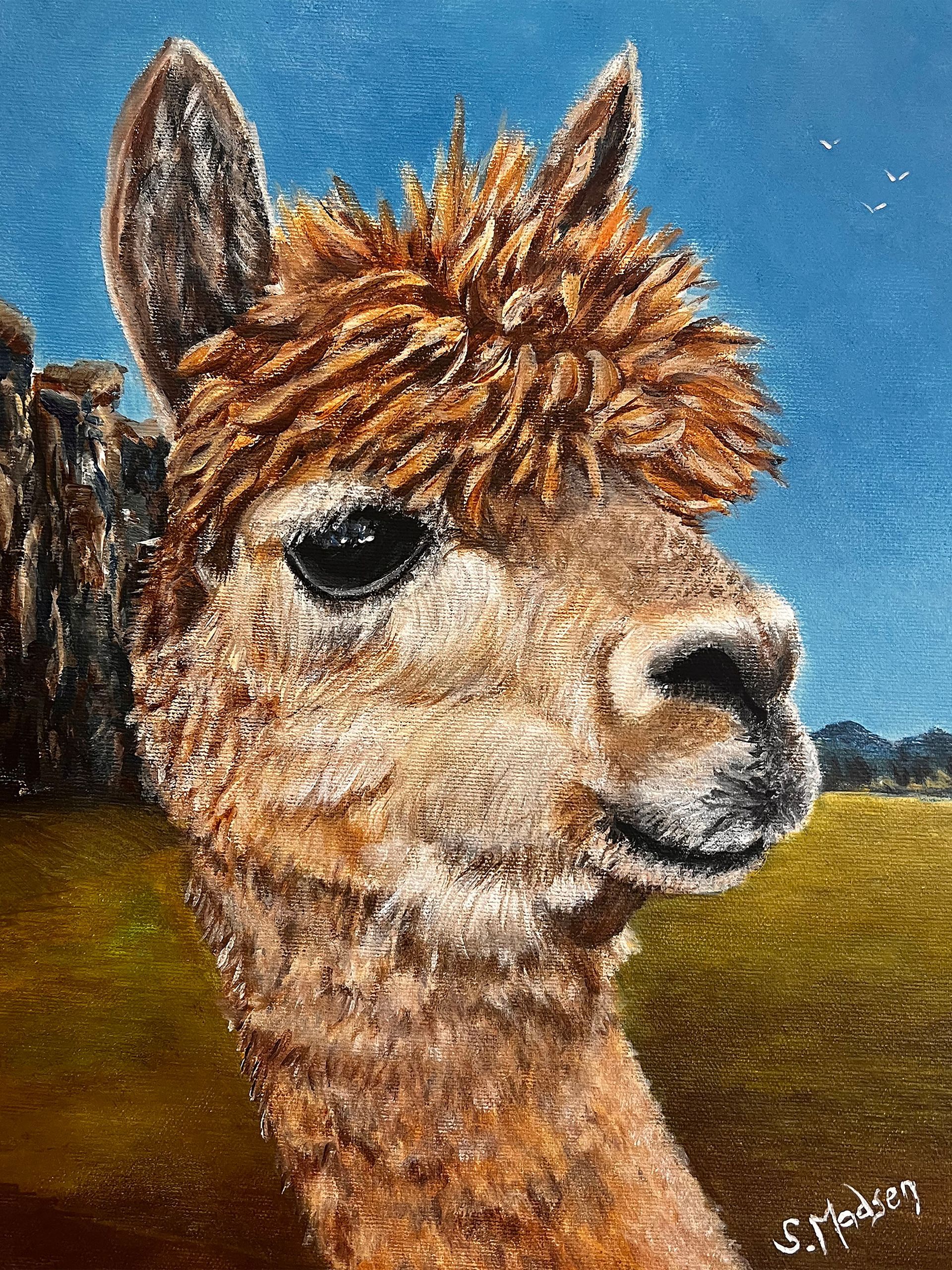 A close up of an alpaca 's face in a painting.