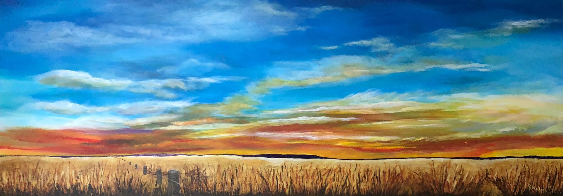 A painting of a field of wheat with a blue sky and clouds in the background.