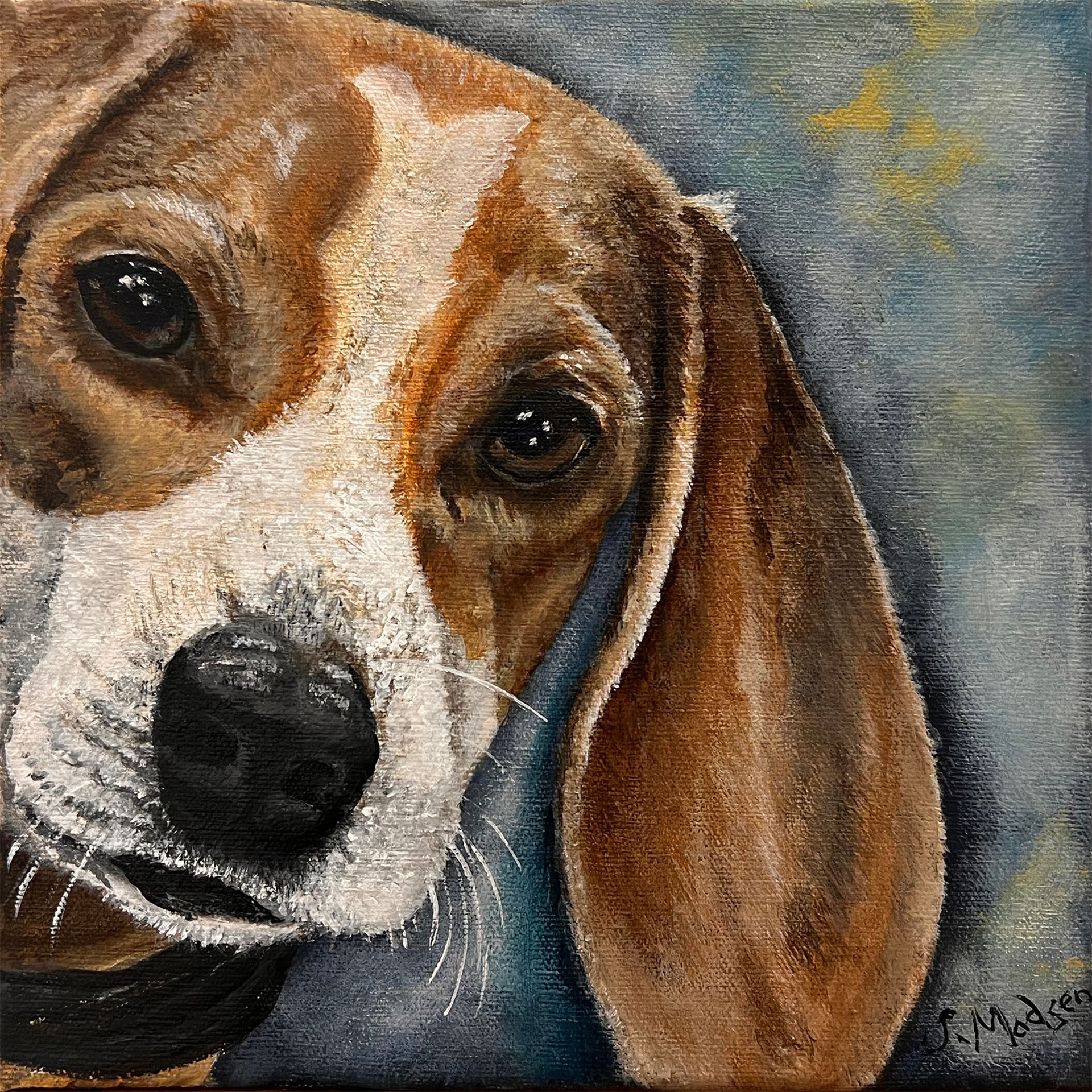 A close up of a brown and white dog 's face in a painting.