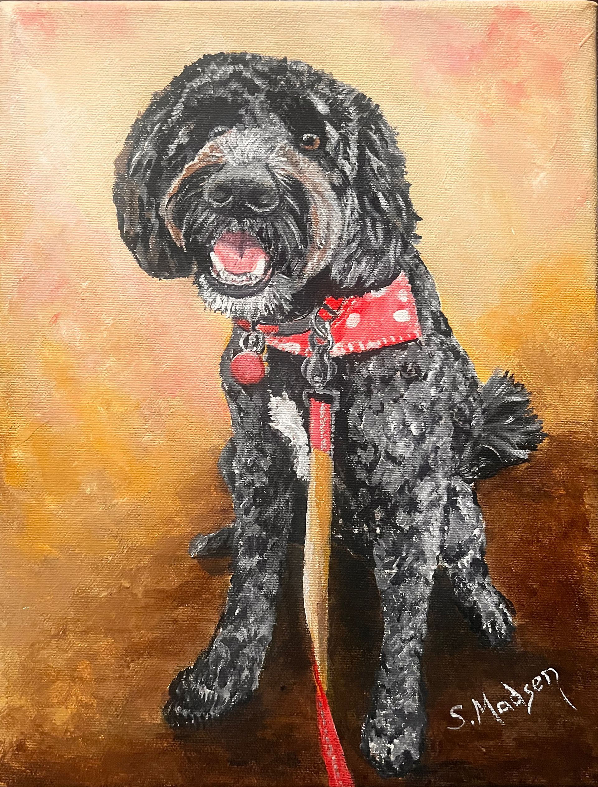 A black dog is sitting on a leash in a painting.