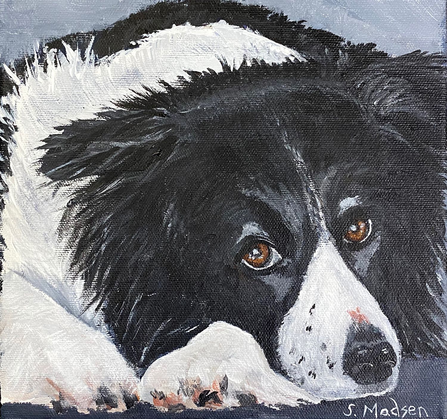 It is a painting of a black and white dog.