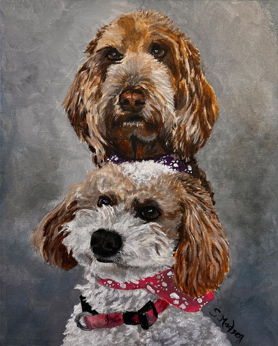 Two dogs are sitting next to each other in a painting.