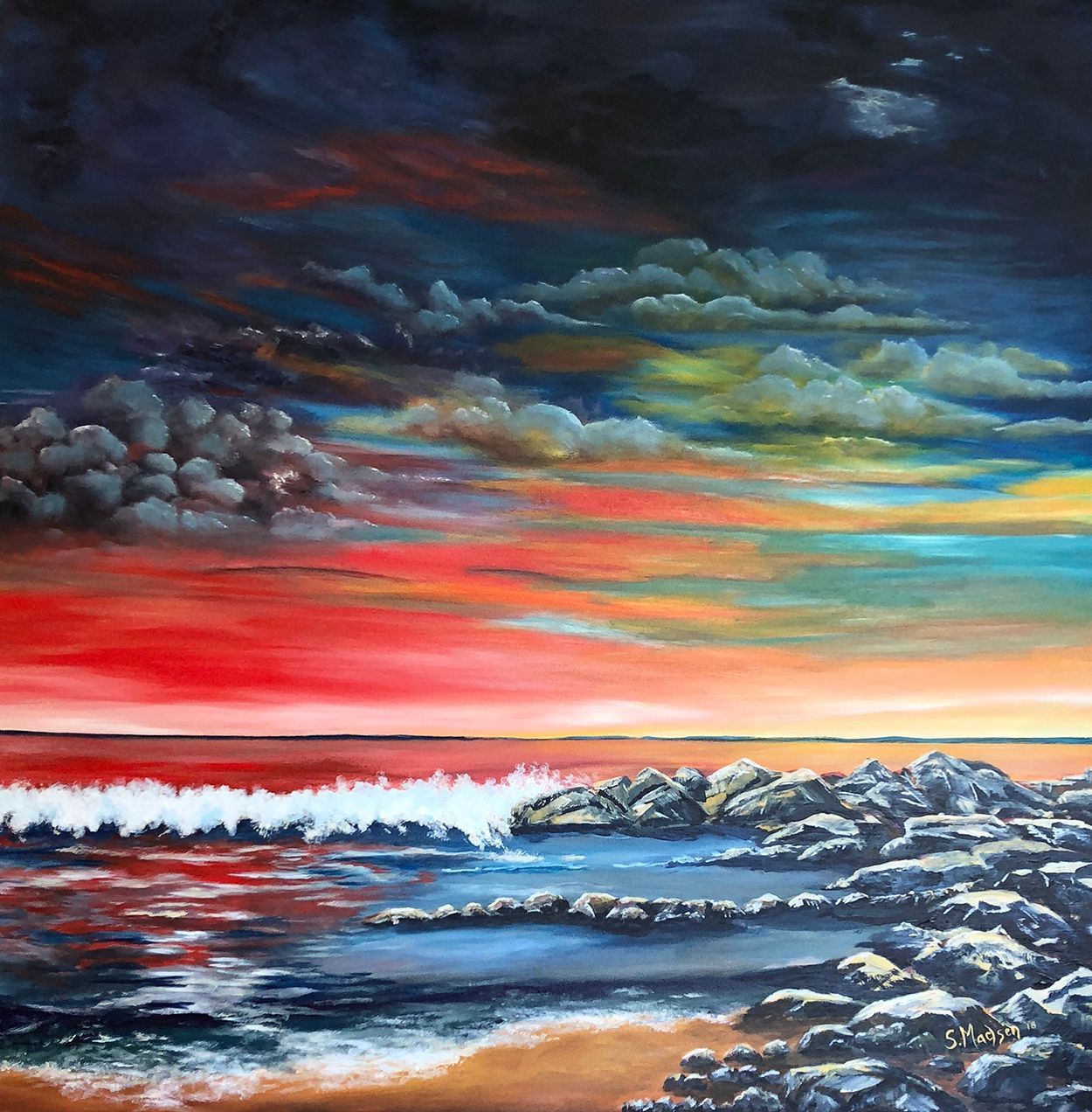 A painting of a sunset over a body of water