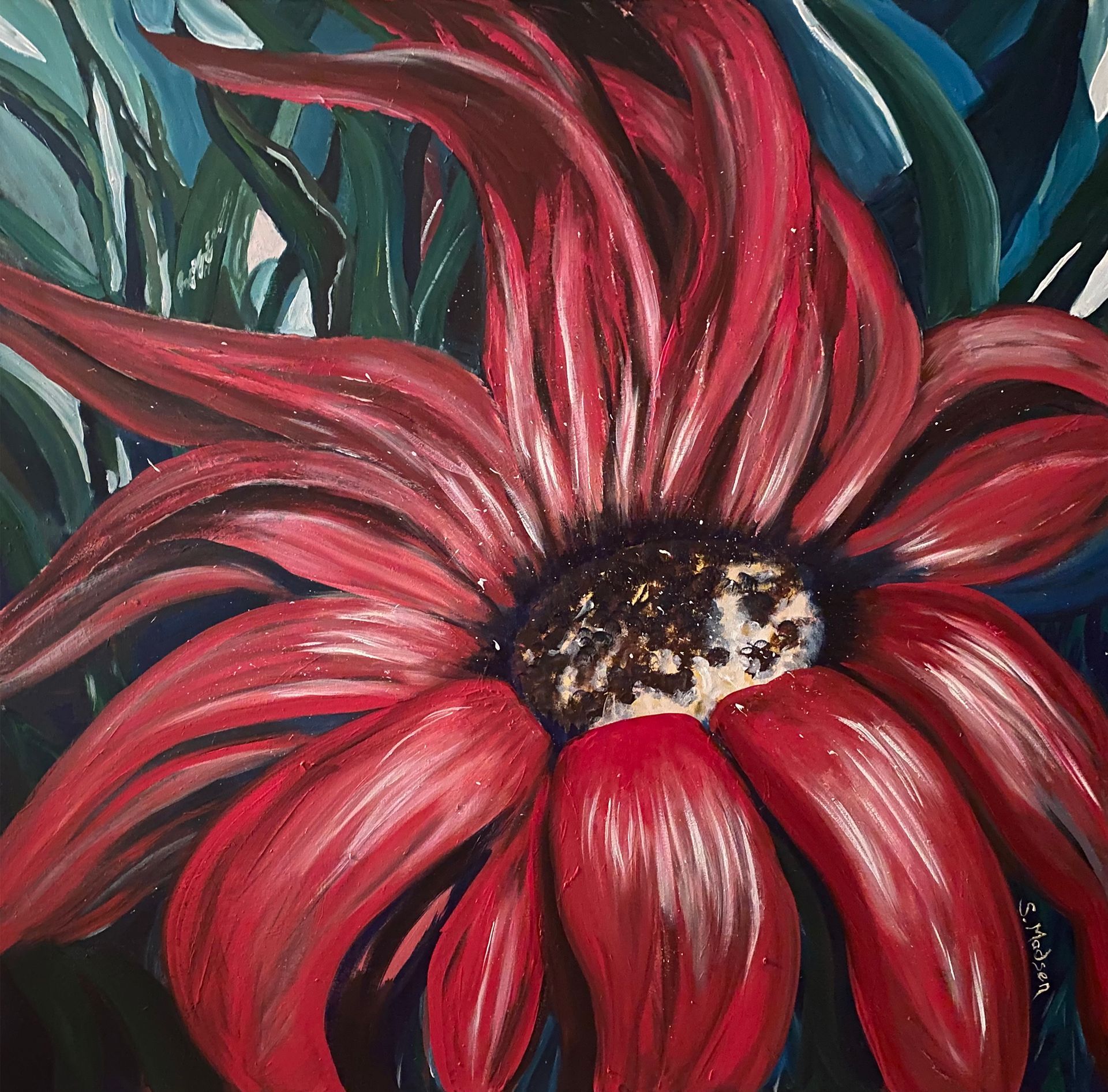 A painting of a red flower with a black center
