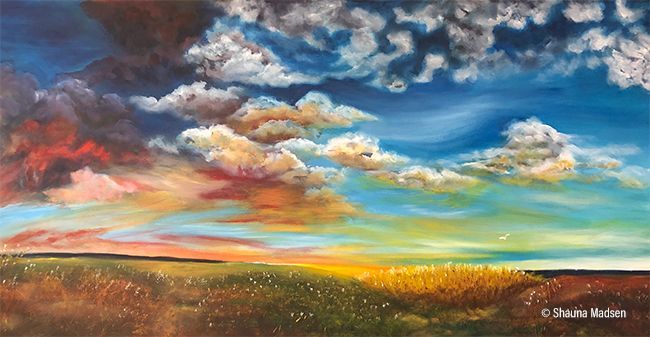 A painting of a sunset over a field with clouds in the sky.