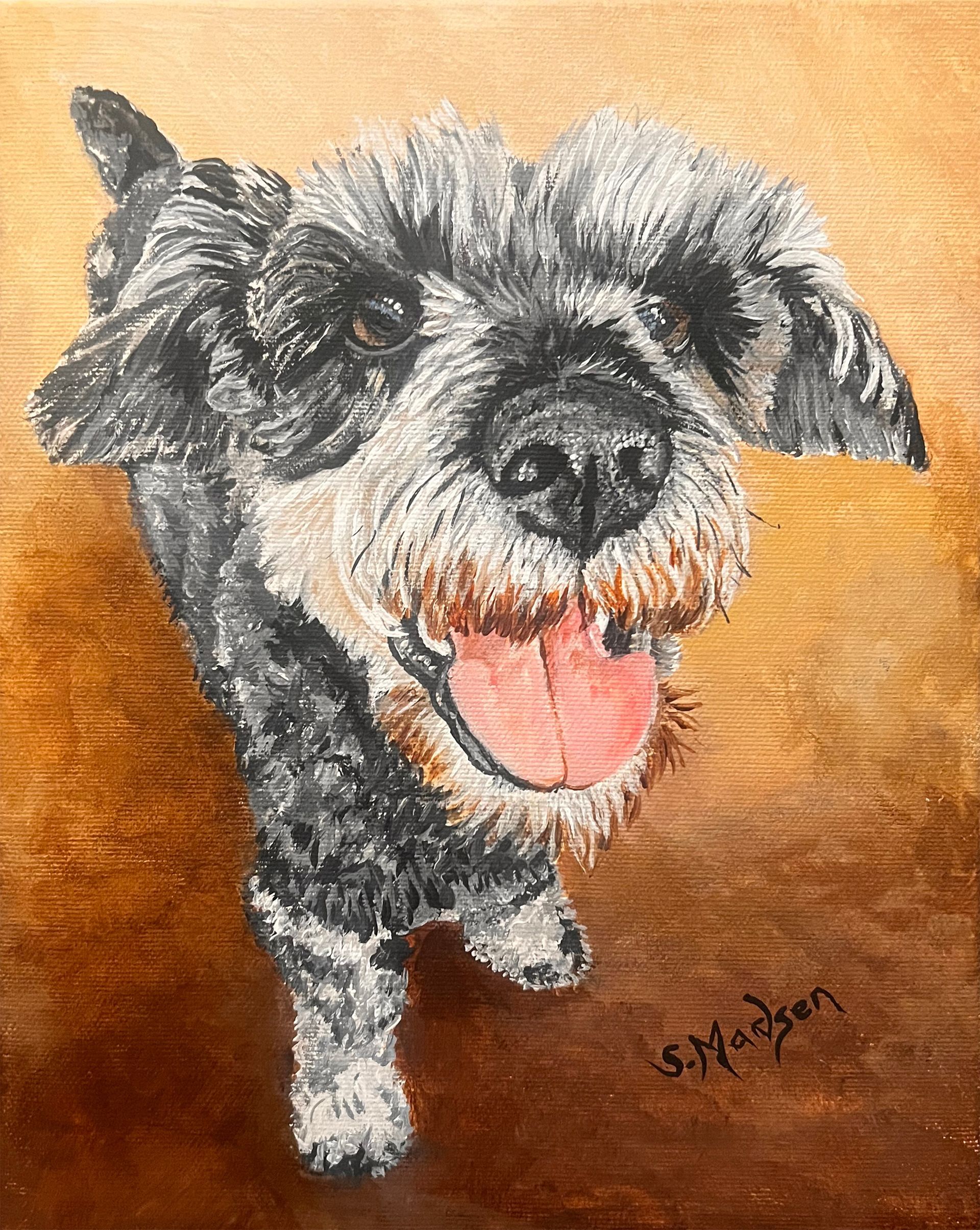 A watercolor painting of a small black and white dog with its tongue out.